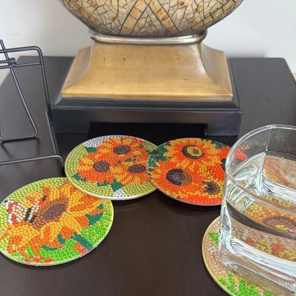 Gift-Ready Sunflower Coaster Set w/Holder – Spring & Hostess Gift – Set of 4 - Picture 3 of 6